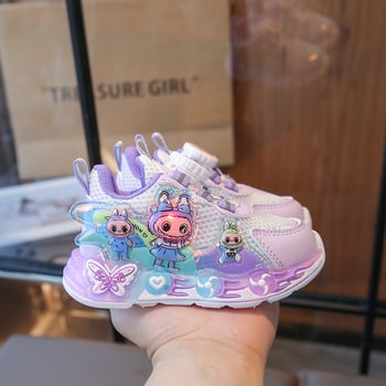 Labubu lányos futócipő — lélegző hálós felső rész, világítás, hercegnő stílus (Kor: 1–6 év; Felsőrész: Háló; Funkciók: lélegző; nedvesség felszívó; Stílus: Hercegnő; Világítás)