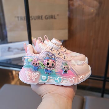 Labubu lányos futócipő — lélegző hálós felső rész, világítás, hercegnő stílus (Kor: 1–6 év; Felsőrész: Háló; Funkciók: lélegző; nedvesség felszívó; Stílus: Hercegnő; Világítás)