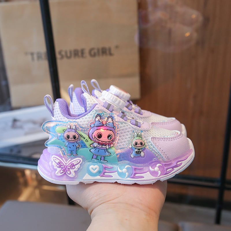 Labubu lányos futócipő — lélegző hálós felső rész, világítás, hercegnő stílus (Kor: 1–6 év; Felsőrész: Háló; Funkciók: lélegző; nedvesség felszívó; Stílus: Hercegnő; Világítás)