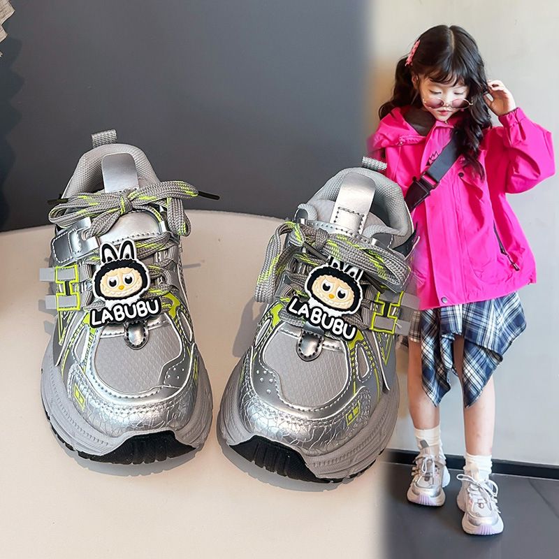 Dječje tenisice u stilu Dad Shoes za djevojčice, prozračni gornji dio od sintetičke kože, Velcro zatvarač, gumeni potplat, karikatura uzorak, za uzrast 4–12 godina