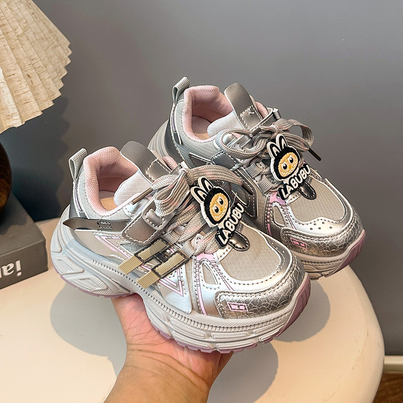 Dječje tenisice u stilu Dad Shoes za djevojčice, prozračni gornji dio od sintetičke kože, Velcro zatvarač, gumeni potplat, karikatura uzorak, za uzrast 4–12 godina