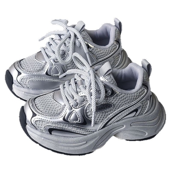Unisex dječje tenisice u stilu dad shoes, proljeće–jesen 2025, prozračnai mrežasti gornji dio, srebrne lagane tenisice za trčanje