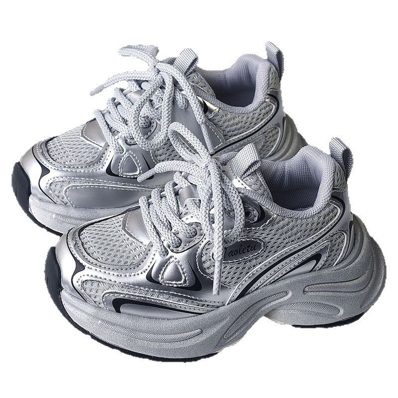 Unisex dječje tenisice u stilu dad shoes, proljeće–jesen 2025, prozračnai mrežasti gornji dio, srebrne lagane tenisice za trčanje