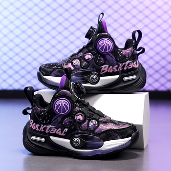 Ghete de baschet pentru copii iarnă, căptușite cu fleece, piele artificială rezistentă la apă, talpă antiderapantă, închidere cu buton rotativ, talpă groasă.