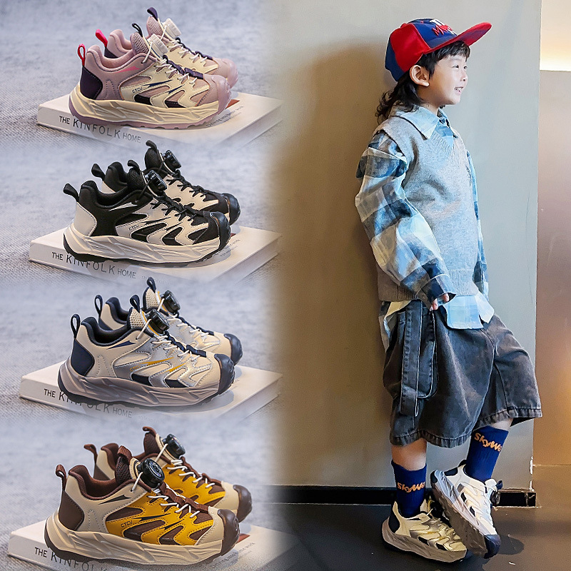 Pantofi pentru copii cu nasturi rotativi, partea superioară din piele sintetică cu model în dungi, talpă EVA ușoară, unisex, pentru 4–16 ani