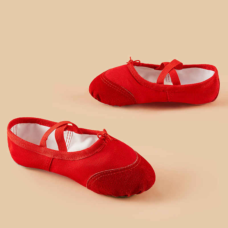 Dječje plesne cipele s mekom potplatom, kožnim prstom i platnenim gornjim dijelom, potplat od teleće kože, otporne za balet i moderan ples