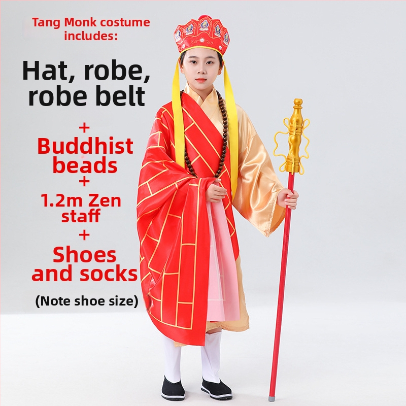 Dječji kostim Tang svećenika s Buddhinim perlama i Zen štapom, uključene cipele i čarape, unisex, kineski stil, poliester smjesa