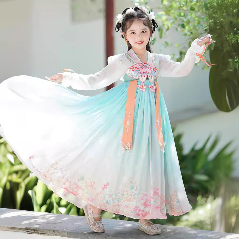 Lányok Hanfu Tang-ruha – virágmintás, fő anyag 95% poliészter, bélés poliészter, tavasz–ősz viselet, kínai stílus
