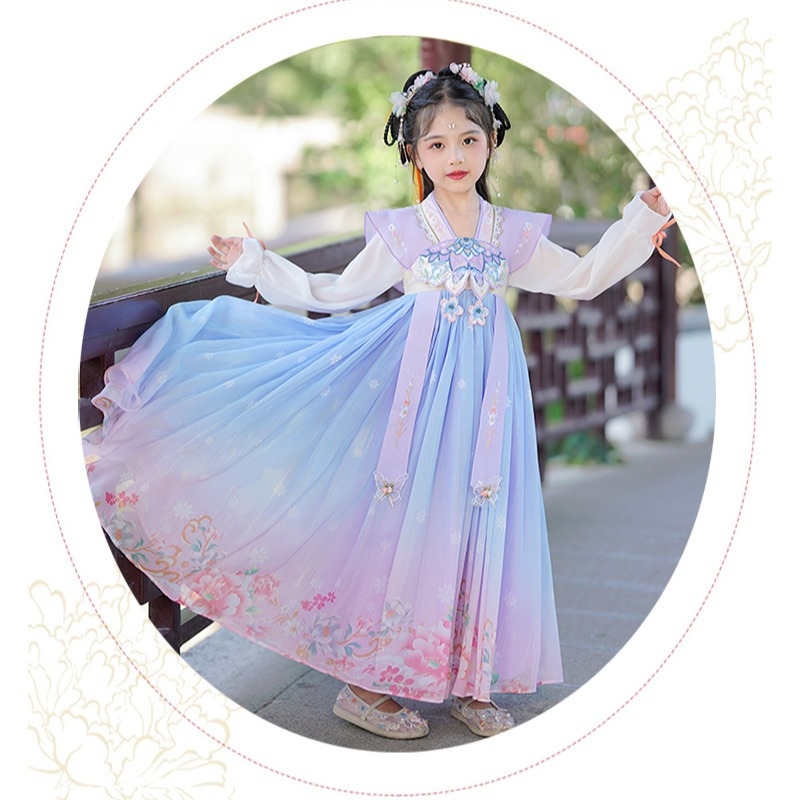 Lányok Hanfu Tang-ruha – virágmintás, fő anyag 95% poliészter, bélés poliészter, tavasz–ősz viselet, kínai stílus