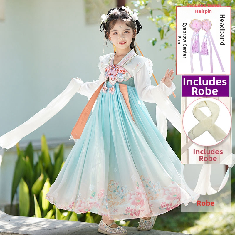 Mergaitės Hanfu Tang suknelė – gėlių raštas, pagrindinis audinys 95% poliesteris, pamušalas poliesteris, pavasaris ir ruduo, kinų stilius