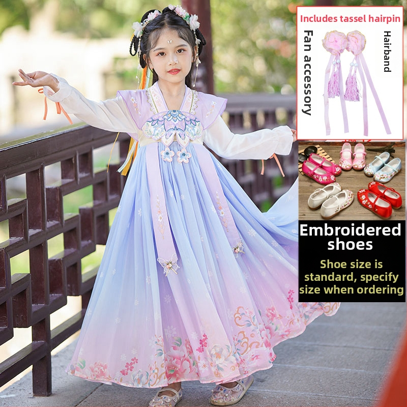 Mergaitės Hanfu Tang suknelė – gėlių raštas, pagrindinis audinys 95% poliesteris, pamušalas poliesteris, pavasaris ir ruduo, kinų stilius