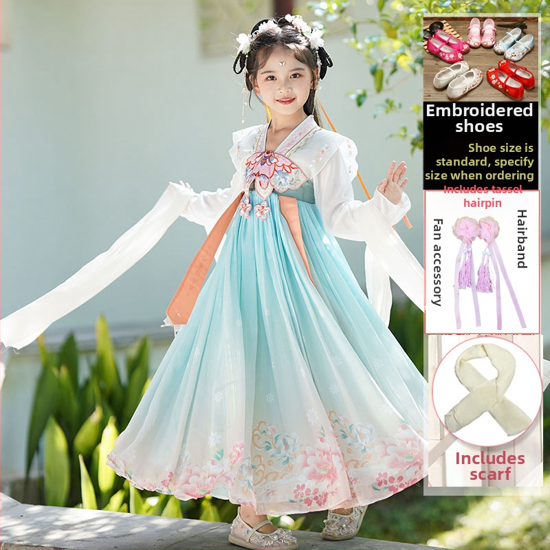Mergaitės Hanfu Tang suknelė – gėlių raštas, pagrindinis audinys 95% poliesteris, pamušalas poliesteris, pavasaris ir ruduo, kinų stilius