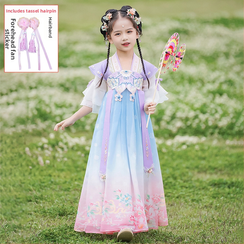Mergaitės Hanfu Tang suknelė – gėlių raštas, pagrindinis audinys 95% poliesteris, pamušalas poliesteris, pavasaris ir ruduo, kinų stilius