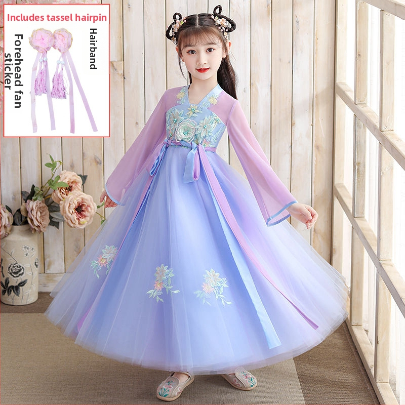 Mergaitės Hanfu Tang suknelė – gėlių raštas, pagrindinis audinys 95% poliesteris, pamušalas poliesteris, pavasaris ir ruduo, kinų stilius