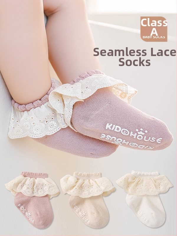 I ruobei tüdrukutele põrandasokid pitsiga, kammitud puuvillast, lühike toru, libisemiskindlad