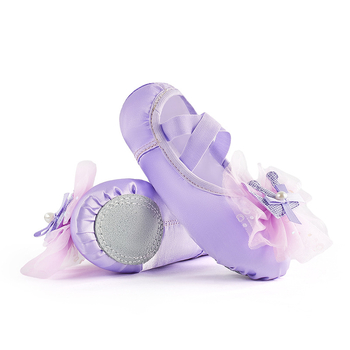 Detské tanečné slip-on topánky s mačacou labkou, saténová čipka s kvetmi, mäkká podrážka z hovädzej kože