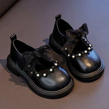 Mergaitėms odinės Mary Jane bateliai su kaspinėliu ir perlų dekoru, PU viršus, PU vidpadis, PVC padas, Velcro užsegimas, amžius 3–12 metų