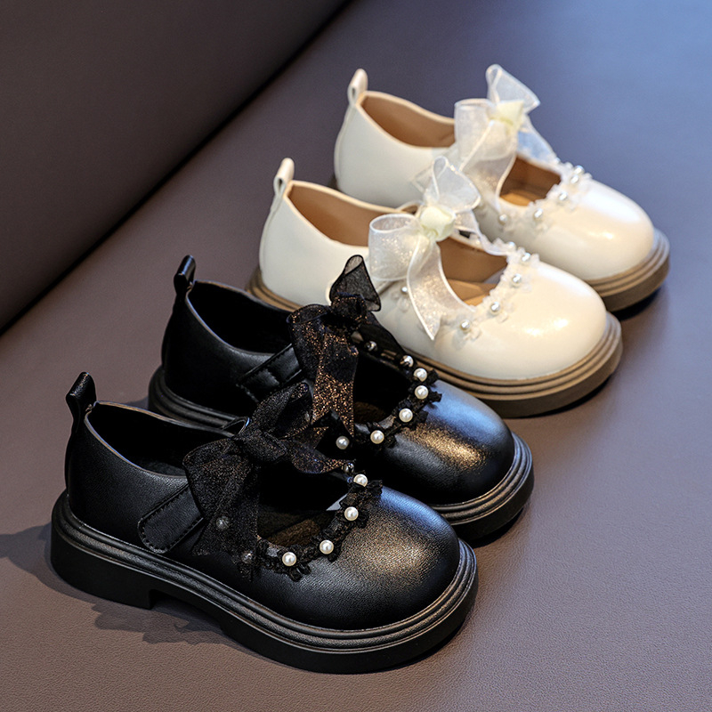 Mergaitėms odinės Mary Jane bateliai su kaspinėliu ir perlų dekoru, PU viršus, PU vidpadis, PVC padas, Velcro užsegimas, amžius 3–12 metų
