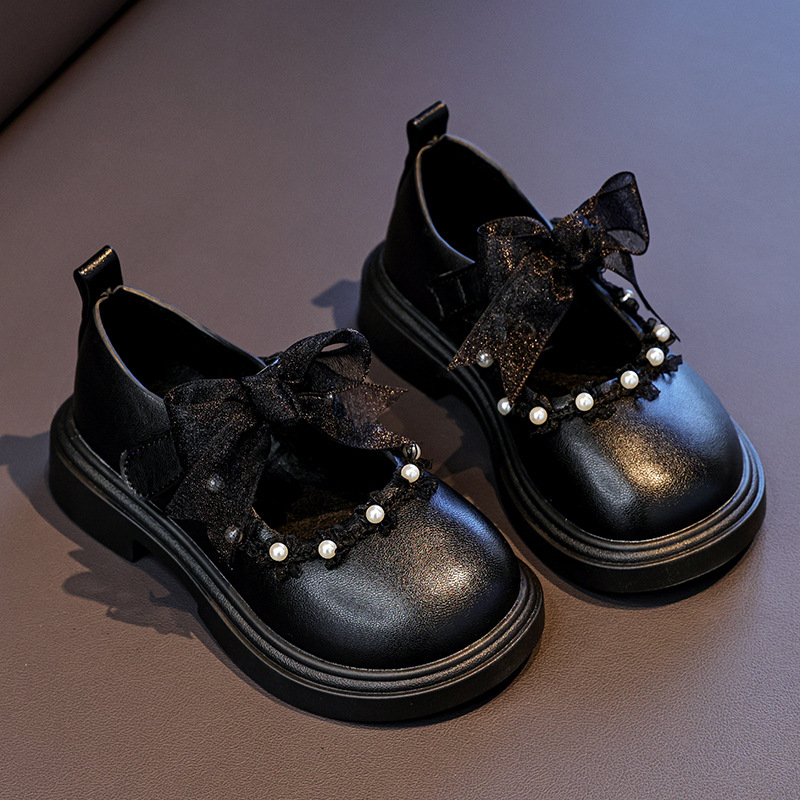 Mergaitėms odinės Mary Jane bateliai su kaspinėliu ir perlų dekoru, PU viršus, PU vidpadis, PVC padas, Velcro užsegimas, amžius 3–12 metų