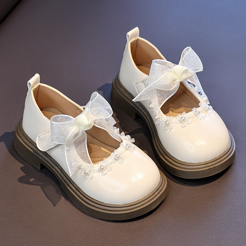 Mergaitėms odinės Mary Jane bateliai su kaspinėliu ir perlų dekoru, PU viršus, PU vidpadis, PVC padas, Velcro užsegimas, amžius 3–12 metų