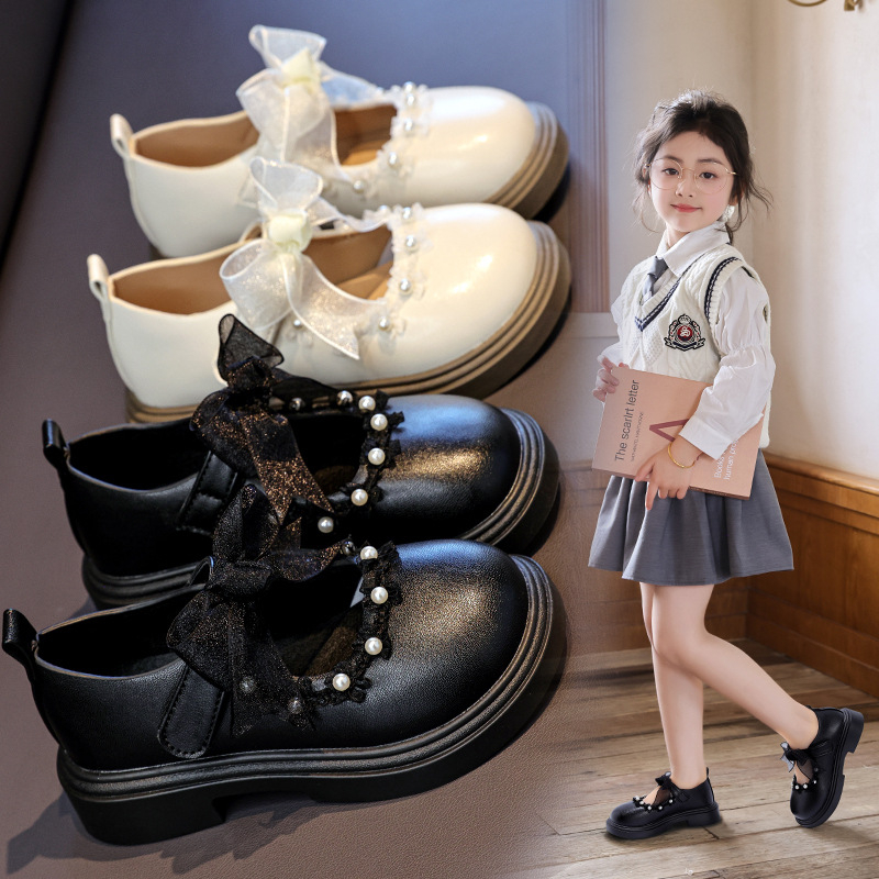 Mergaitėms odinės Mary Jane bateliai su kaspinėliu ir perlų dekoru, PU viršus, PU vidpadis, PVC padas, Velcro užsegimas, amžius 3–12 metų