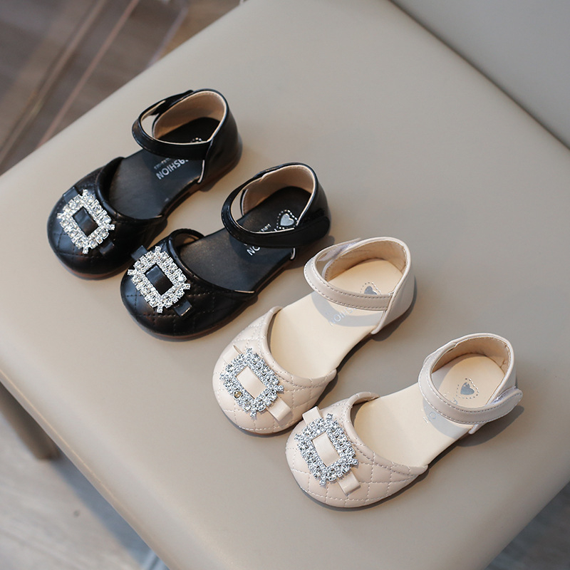 Korejskog stila dječje princezinske cipele za djevojčice, s rhinestones, PU gornji dio, niski gležanj, kopčanje na Velcro, karirani uzorak, proljeće 2024