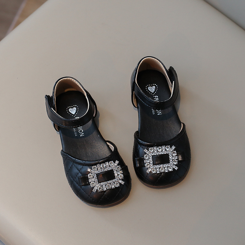 Korejskog stila dječje princezinske cipele za djevojčice, s rhinestones, PU gornji dio, niski gležanj, kopčanje na Velcro, karirani uzorak, proljeće 2024