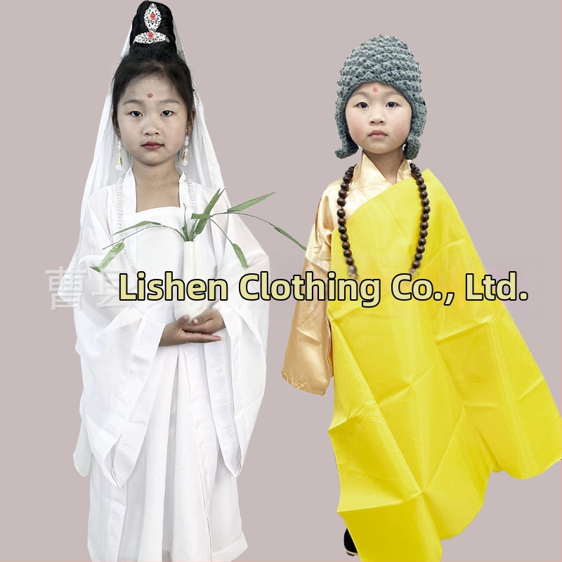Detský scénický kostým Guanyin Bodhisattva, Čínski štýl; hlavná tkanina 76% polyester, zmes chemických vlákien, mäkké spracovanie, unisex.