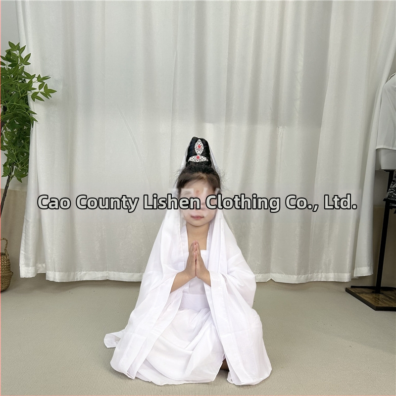 Detský scénický kostým Guanyin Bodhisattva, Čínski štýl; hlavná tkanina 76% polyester, zmes chemických vlákien, mäkké spracovanie, unisex.