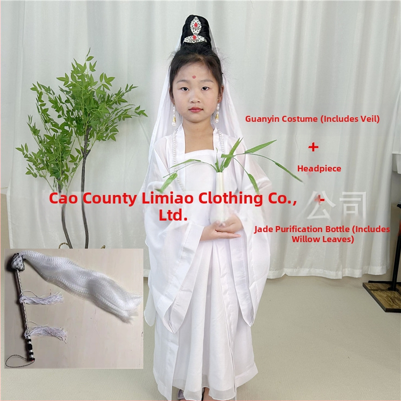 Detský scénický kostým Guanyin Bodhisattva, Čínski štýl; hlavná tkanina 76% polyester, zmes chemických vlákien, mäkké spracovanie, unisex.
