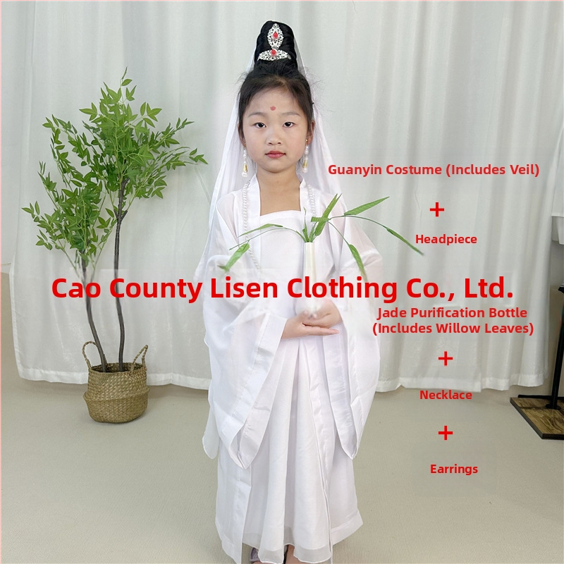 Detský scénický kostým Guanyin Bodhisattva, Čínski štýl; hlavná tkanina 76% polyester, zmes chemických vlákien, mäkké spracovanie, unisex.