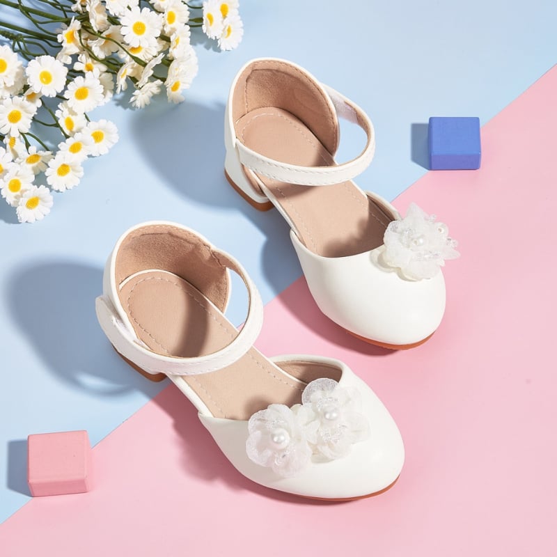 Lányoknak szóló hercegnő-stílusú gyerekcipő magasságot növelő dizájnnal, virágos díszítéssel, microfiber felső rész, gumitalp, Velcro-zár