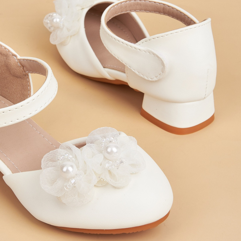 Lányoknak szóló hercegnő-stílusú gyerekcipő magasságot növelő dizájnnal, virágos díszítéssel, microfiber felső rész, gumitalp, Velcro-zár