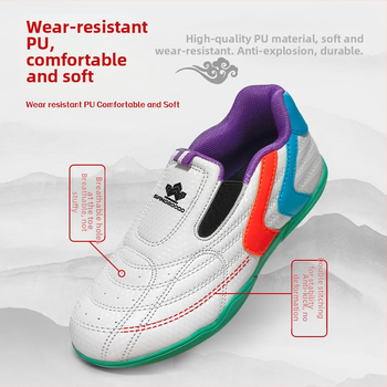 Taekwondo treniruočių batai - lengvi, neslystantys, kvėpuojantys, sugeria prakaitą, atsparūs dėvėjimui; viršus PU, padas iš natūralios gumos