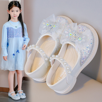 Dječje kožne cipele za djevojčice s kristalima u princeskom stilu, zatvarač na Velcro, gornji dio PU, gumeni potplat, proljeće-jesen 2026