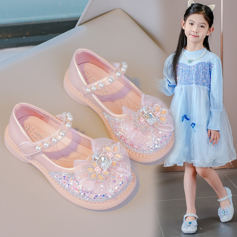 Dječje kožne cipele za djevojčice s kristalima u princeskom stilu, zatvarač na Velcro, gornji dio PU, gumeni potplat, proljeće-jesen 2026