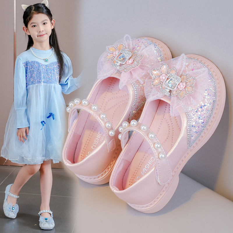 Dječje kožne cipele za djevojčice s kristalima u princeskom stilu, zatvarač na Velcro, gornji dio PU, gumeni potplat, proljeće-jesen 2026