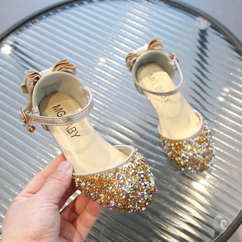 Detské kožené topánky pre dievčatá – princíz štýl, krištáľové horné, gumová podrážka, zapínanie prackou, kórejský štýl