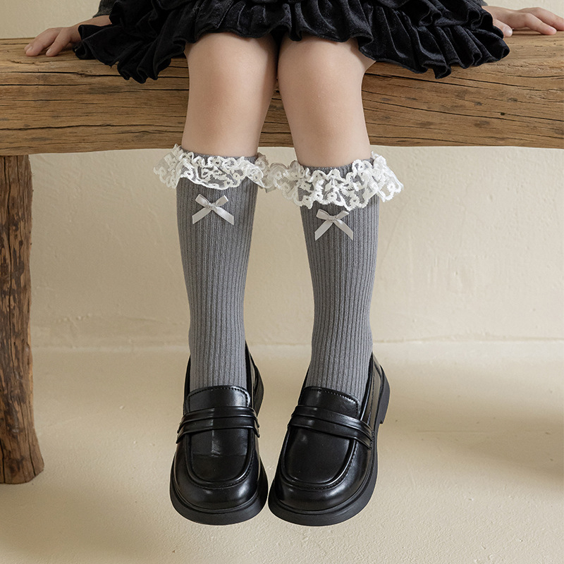 Șosete pentru copii până la mijlocul gambelor, Jacquard, fundă dantelată, bumbac respirabil, stil balet