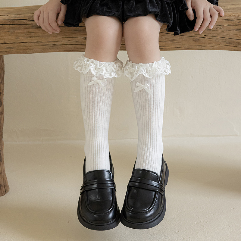 Șosete pentru copii până la mijlocul gambelor, Jacquard, fundă dantelată, bumbac respirabil, stil balet
