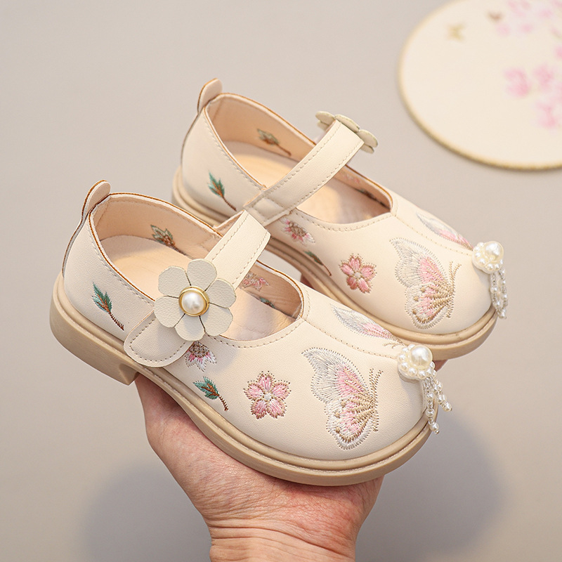 Dječje plesne cipele za princeze s mekanom potplatom, gornji dio od super vlakna, Velcro zatvaranje, izvezen cvjetni uzorak, gumena potplata – za plesne izvedbe