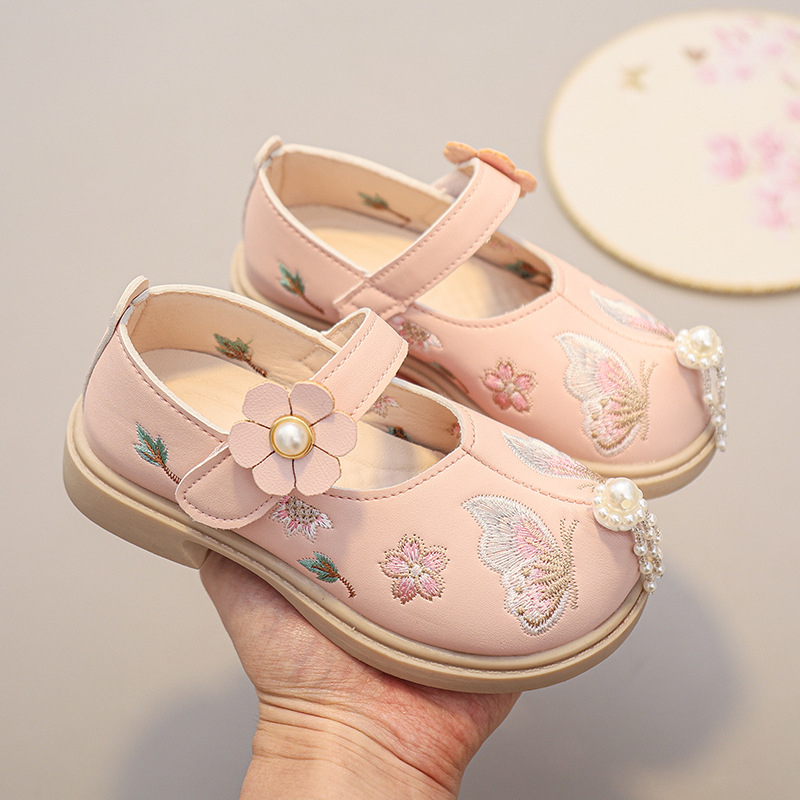 Dječje plesne cipele za princeze s mekanom potplatom, gornji dio od super vlakna, Velcro zatvaranje, izvezen cvjetni uzorak, gumena potplata – za plesne izvedbe