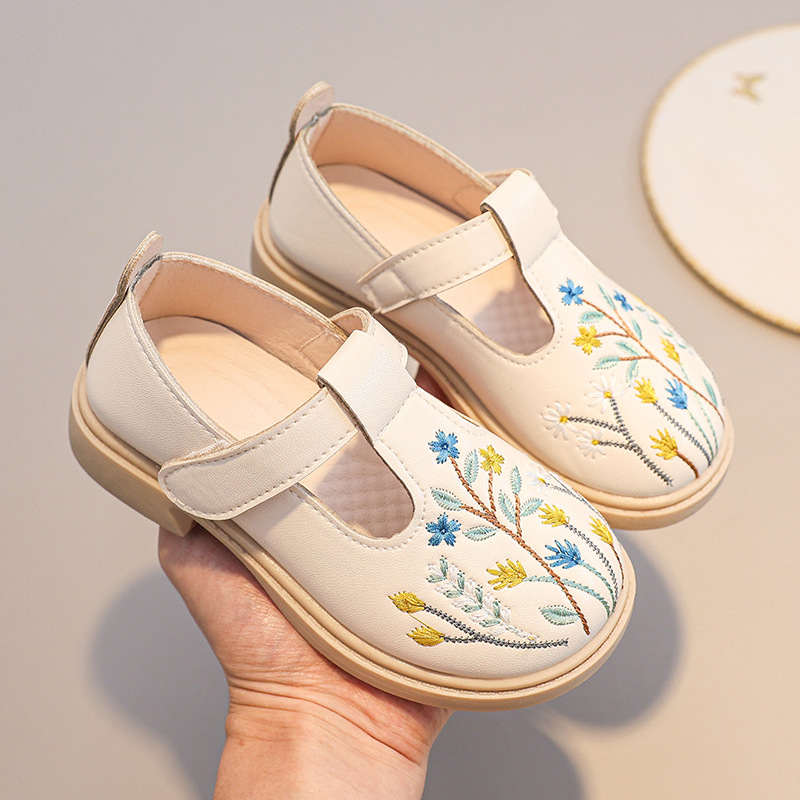 Dječje plesne cipele za princeze s mekanom potplatom, gornji dio od super vlakna, Velcro zatvaranje, izvezen cvjetni uzorak, gumena potplata – za plesne izvedbe