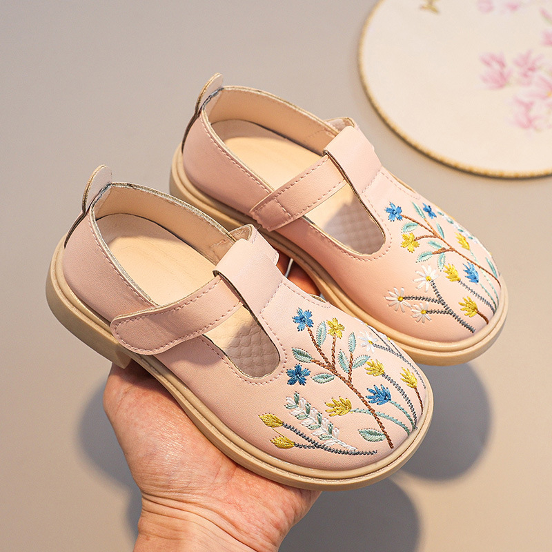 Dječje plesne cipele za princeze s mekanom potplatom, gornji dio od super vlakna, Velcro zatvaranje, izvezen cvjetni uzorak, gumena potplata – za plesne izvedbe