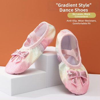 Detské tanečné topánky s flitrami — dúhový gradient, bez šnúrok, jemná podrážka baletných topánok pre dievčatá