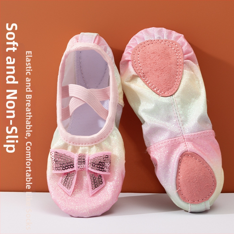 Detské tanečné topánky s flitrami — dúhový gradient, bez šnúrok, jemná podrážka baletných topánok pre dievčatá