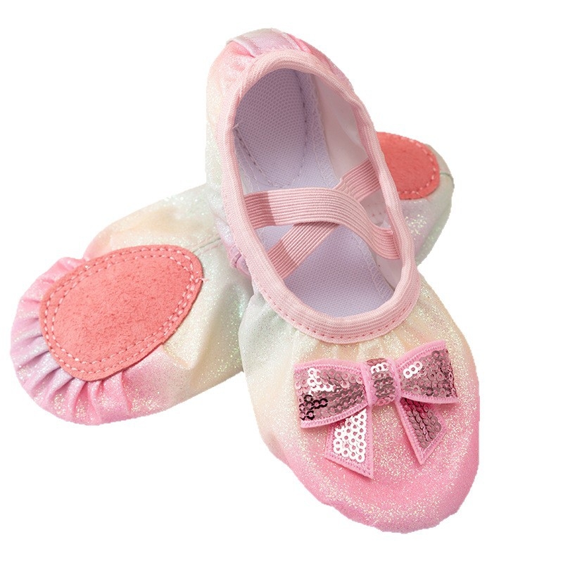 Detské tanečné topánky s flitrami — dúhový gradient, bez šnúrok, jemná podrážka baletných topánok pre dievčatá