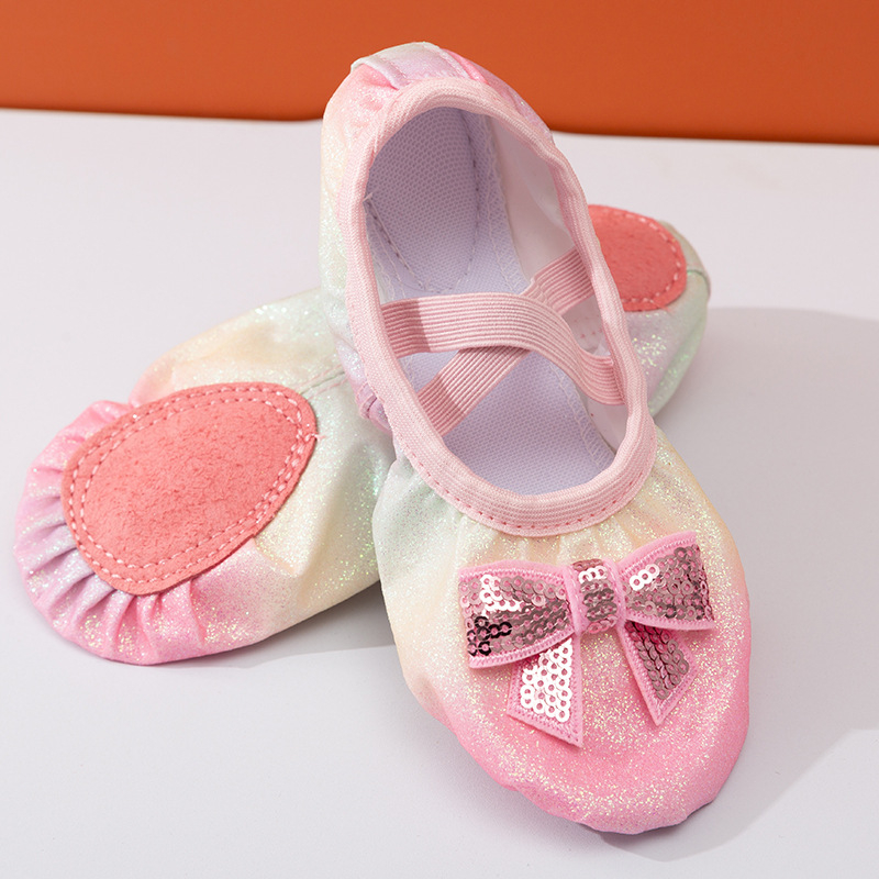 Detské tanečné topánky s flitrami — dúhový gradient, bez šnúrok, jemná podrážka baletných topánok pre dievčatá