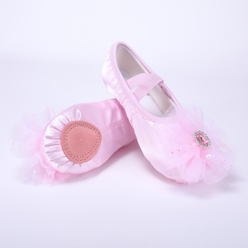 Σατέν χορευτικά παπούτσια για κορίτσια με μεγάλο λουλούδι, σχέδιο γατόπατης, για σκηνικές εμφανίσεις