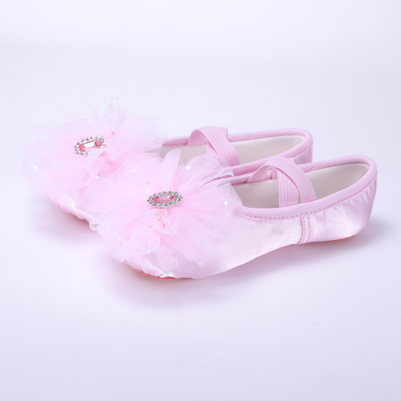 Σατέν χορευτικά παπούτσια για κορίτσια με μεγάλο λουλούδι, σχέδιο γατόπατης, για σκηνικές εμφανίσεις